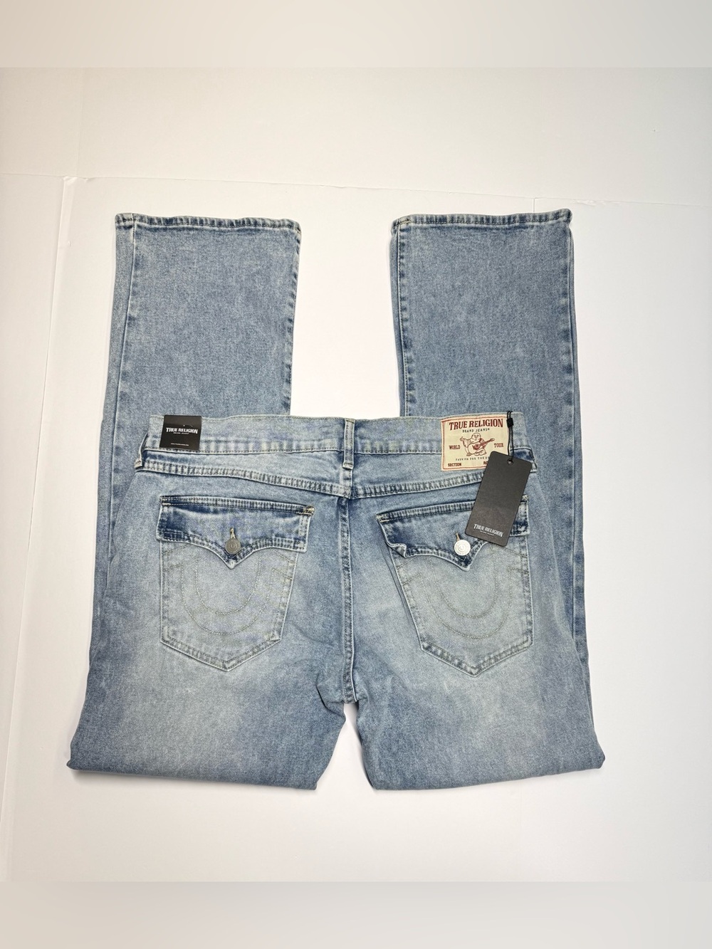 TRUE RELIGION JEANS Billy SN Flap Boot Cut  Mens 36x33 1/2 Light Rivera Wash NWT